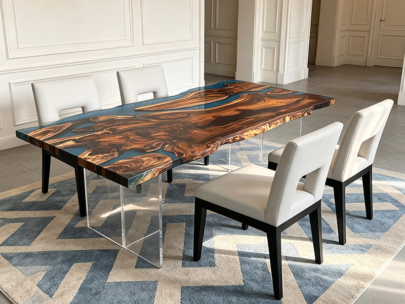 Обеденный стол Ka-2601 от Kassod Wood, изготовленный на заказ, с отделкой из синей эпоксидной смолы.